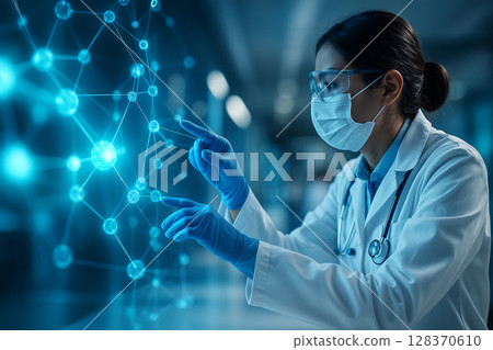 AI generated image of a female scientist in lab coat gloves and mask interacting with a glowing blue holographic molecular network in a futuristic medical research lab 128370610