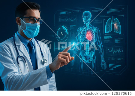AI generated high tech medical scene showing a doctor using holographic interface to analyze human anatomy in real time surrounded by digital health data in a sci fi environment 128370615