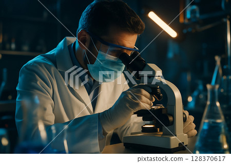 AI generated image of a male scientist in a lab coat using a microscope in a dim laboratory surrounded by lab equipment highlighting scientific focus and precision 128370617