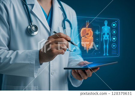 AI generated high tech doctor in white coat using digital pen to interact with holographic medical interface showing human anatomy and biometric data in futuristic healthcare concept 128370631