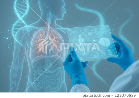 AI generated high tech medical scene shows gloved hands holding a transparent holographic display of human lungs surrounded by glowing DNA strands in a futuristic lab atmosphere 128370659
