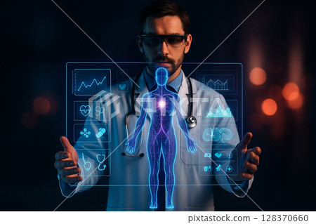 AI generated image of a doctor in white coat interacting with a floating holographic screen displaying human anatomy and biometric data in a futuristic medical lab 128370660