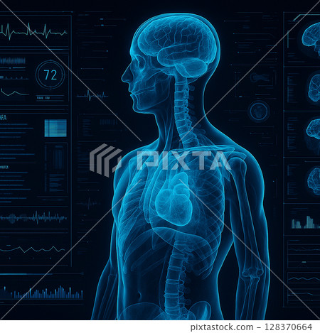 AI generated photorealistic sci-fi medical scan showing transparent human torso in profile view surrounded by biometric data holograms reflecting advanced diagnostic systems and anatomical analysis 128370664