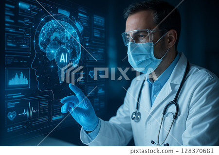 AI generated image of a male doctor wearing safety gear and mask intensely studying a holographic brain interface with AI and global health data in a futuristic control room 128370681