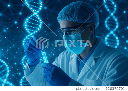 AI generated high tech scientist in sterile lab holding test tube analyzing glowing DNA strands under holographic lights showing precision and innovation in genetic research 128370701