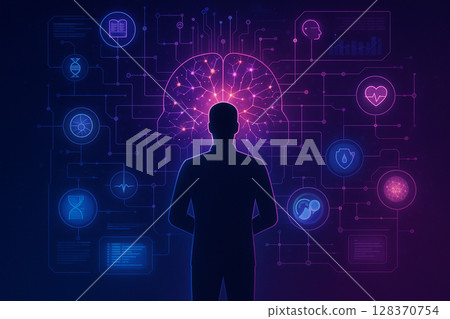 AI generated image of a human silhouette connected to a glowing neural network with digital interfaces symbolizing AI biometric monitoring data integration and futuristic human machine interaction 128370754