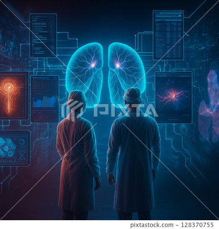 AI generated image of two doctors examining a glowing digital lung model on a high tech interface surrounded by biometric panels neural data and precision diagnostic graphics in a futuristic lab 128370755