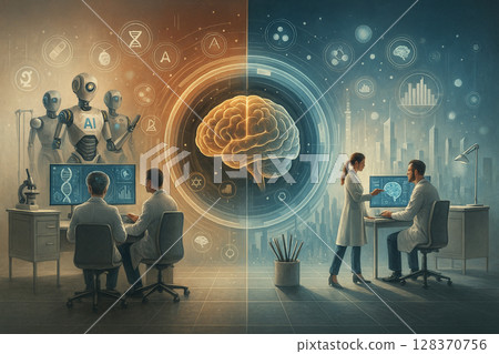 AI generated futuristic illustration showing symmetrical integration of robotics and medical scientists analyzing a glowing brain interface representing collaboration between artificial intelligence 128370756