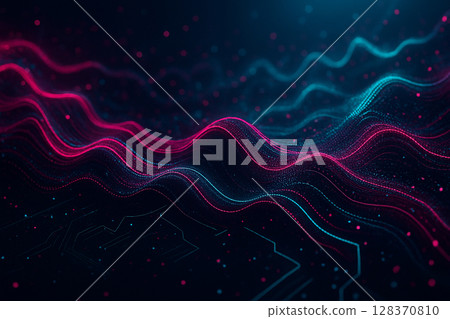 AI generated a glowing abstract landscape of digital waveforms flowing in pink and teal tones with floating particles and circuit patterns representing futuristic data movement and technology 128370810