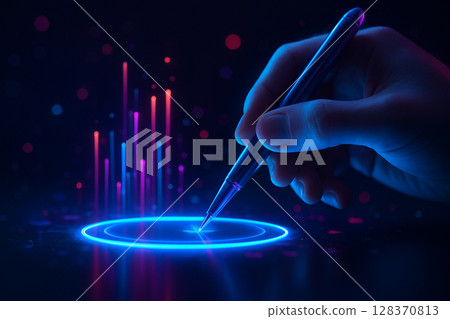 AI generated a human hand using a digital stylus to interact with a glowing holographic control ring surrounded by colorful vertical data lights in a high tech interface AI generated a human hand using a digital stylus to interact with a glowing holographic control ring surrounded by colorful vertical data lights in a high tech interface 128370813