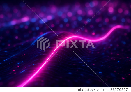AI generated a glowing pink energy line flowing over a digital surface with blue and purple light representing futuristic data waves in a sci fi atmosphere 128370837