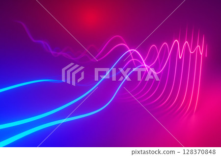 AI generated glowing pink and blue energy waves flowing across a purple and red digital background representing futuristic data transmission in a sci fi visual style 128370848