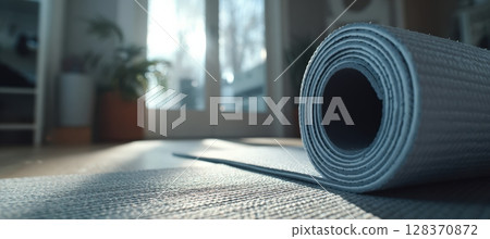 First-Person View of Rolling Up Yoga Mat in Serene Minimalist Setting 128370872