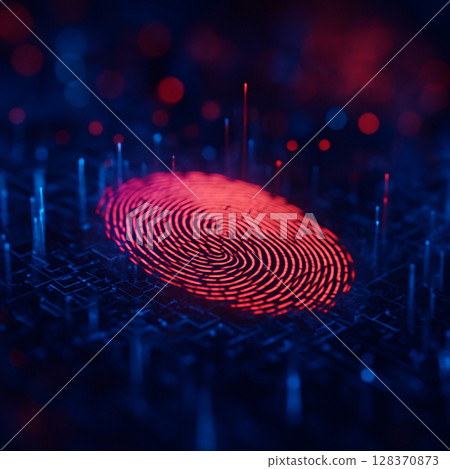 AI generated digital render of a glowing red fingerprint on a high tech circuit background symbolizing futuristic biometric authentication in a cyber secure environment 128370873