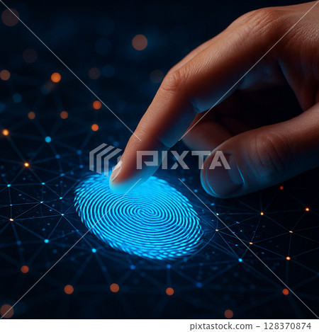 AI generated realistic image of a human finger touching a glowing blue fingerprint scanner on a digital circuit surface showing biometric authentication in futuristic cyber interface 128370874