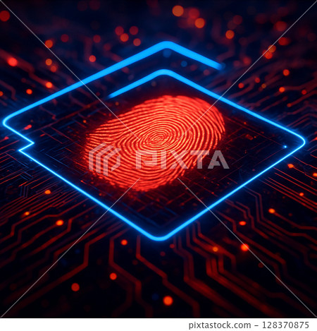 AI generated image showing a glowing red fingerprint being scanned within a digital security frame over a high-tech circuit board symbolizing biometric authentication and cyber protection 128370875