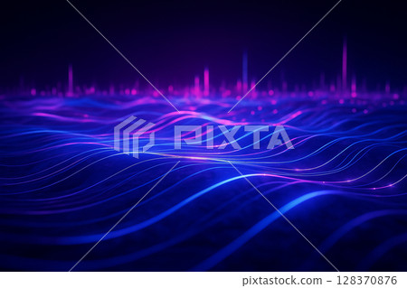 AI generated abstract sci fi landscape of glowing blue and purple waves representing flowing energy digital signals and futuristic data movement in a surreal cyber environment 128370876