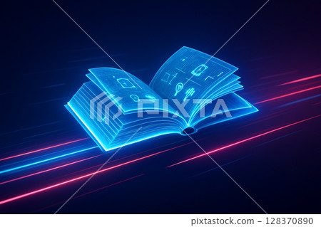 AI generated a futuristic glowing book hovering above colorful data streams with neon blue pages filled with digital symbols representing advanced knowledge technology and cyber communication 128370890