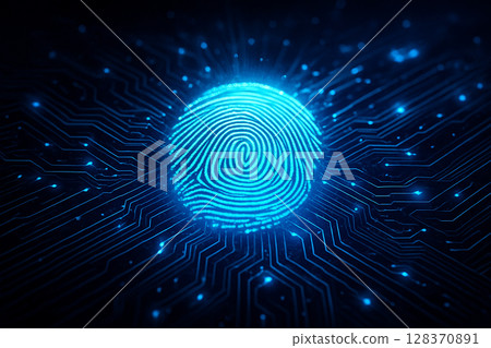AI generated digital fingerprint glowing on high tech circuit background represents biometric security and futuristic identity verification in cyber environments 128370891