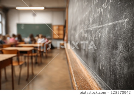 First-Person View of Writing on Chalkboard in Classroom Setting 128370942