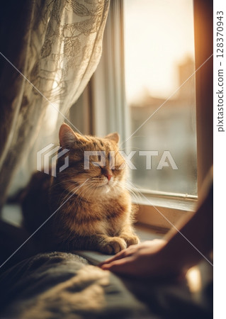 First-Person View of Petting a Cat on a Sunlit Windowsill 128370943