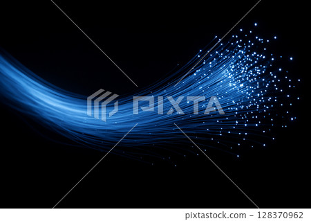 AI generated image showing glowing fiber optic strands flowing across a dark background symbolizing high speed data transmission digital connectivity and abstract technology energy 128370962