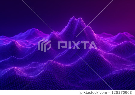 AI generated abstract digital terrain with glowing purple and pink wireframe mountains representing futuristic simulation landscape data layers and virtual topography in deep digital space 128370968