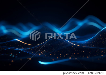 AI generated abstract sci fi artwork of glowing blue and gold waveform surfaces with luminous particles flowing across dark space symbolizing data energy fluidity digital movement in a virtual realm 128370970