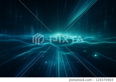 AI generated abstract sci fi image showing glowing energy waves and data grids in a digital cyberspace environment evoking a futuristic and immersive atmosphere of high technology 128370983