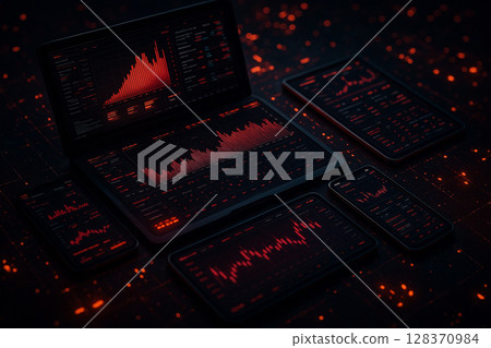 AI generated image of a futuristic fintech control center with multiple digital devices displaying glowing charts analytics and real time financial data in red and orange sci fi interface 128370984