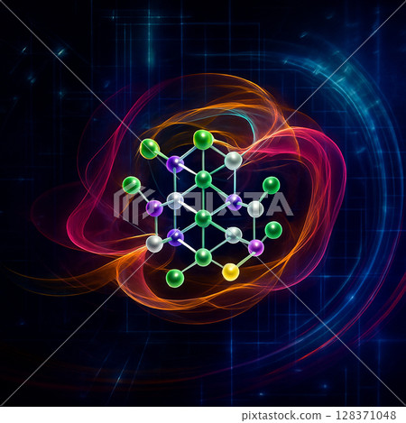 AI generated abstract futuristic image showing a glowing molecular structure with neon light streams in a high tech digital grid environment symbolizing data flow and advanced computation 128371048