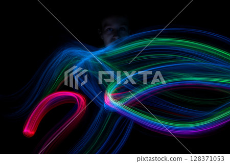 AI generated long exposure light painting with glowing colorful trails in motion over a dark background revealing a human face behind the vibrant waves AI generated long exposure light painting with glowing colorful trails in motion over a dark background revealing a human face behind the vibrant waves 128371053