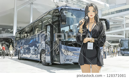 一位女導遊在旅遊巴士前引導遊客的插畫素材 一位女導遊在旅遊巴士前引導遊客的插畫素材 128371081