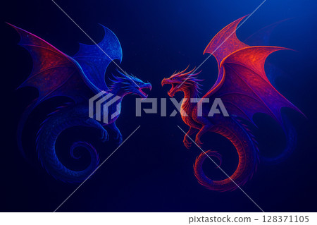 AI generated image of two glowing dragons facing each other midair with vibrant red and blue wings in a surreal fantasy setting under a deep mystical sky symbolizing power balance and magical tension AI generated image of two glowing dragons facing each other midair with vibrant red and blue wings in a surreal fantasy setting under a deep mystical sky symbolizing power balance and magical tension 128371105