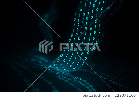 AI generated visualization of glowing binary digits flowing like a digital river across a dark reflective surface symbolizing data processing movement and futuristic cyber connectivity AI generated visualization of glowing binary digits flowing like a digital river across a dark reflective surface symbolizing data processing movement and futuristic cyber connectivity 128371106