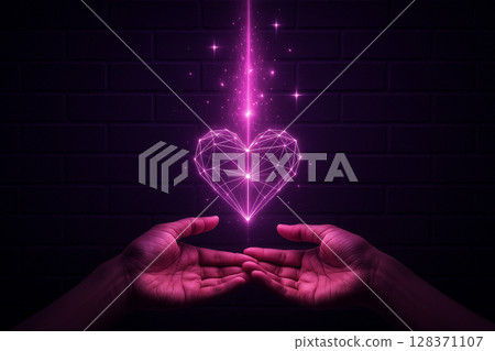 AI generated glowing geometric heart floating above gentle hands with pink light particles and radiant energy symbolizing love connection and magical emotion in surreal atmosphere 128371107