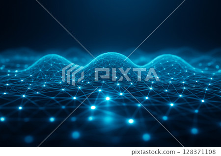 AI generated glowing blue mesh network landscape with luminous nodes forming wave-like 3D surface in a futuristic cyber environment with deep digital space AI generated glowing blue mesh network landscape with luminous nodes forming wave-like 3D surface in a futuristic cyber environment with deep digital space 128371108