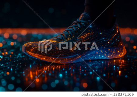 AI generated image of a high tech sneaker illuminated with glowing dots and lines standing on a digital floor with neon reflections representing speed movement and futuristic fashion energy 128371109