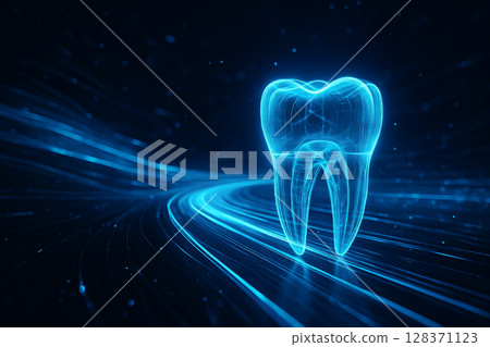 AI generated digital artwork shows a translucent 3D tooth illuminated in blue light with data streams flowing through a cybernetic environment symbolizing precision in futuristic dental biotech 128371123