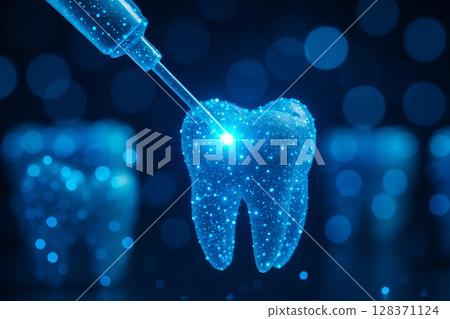 AI generated close up of realistic tooth being activated by glowing bio energy with nano light particles in a futuristic sci fi background symbolizing cellular healing and advanced biotechnology 128371124