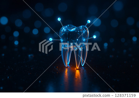 AI generated translucent futuristic tooth model with glowing blue and orange sensor rods on dark reflective surface representing sci fi biotechnology medical interface and bio connection concept 128371159