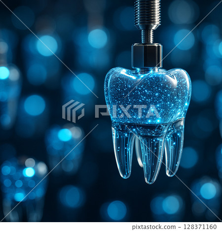 AI generated translucent crystal tooth with glowing nano particles being installed by mechanical connector in a high tech blue sci fi lab environment symbolizing smart dental innovation future biotech 128371160