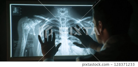 First-Person View of X-Ray Examination on Light Board in Dark Room 128371233