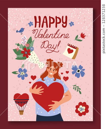 Happy valentines day. Woman hold heart. Flower bouquet, love card, hand drawn botanical elements. Cute girl. Romantic banner, doodle style postcard. Vector cartoon flat style isolated illustration 128371238