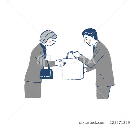 Funeral: A female mourner receives a gift from a male staff member 128371239