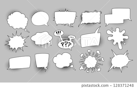 Cartoon speech balloon. Comic bubble halftone. Pop art exclamation. Retro dialog cloud, message sound, talking comic effect. Empty frame or banner with copy space. Vector communication isolated frame 128371248