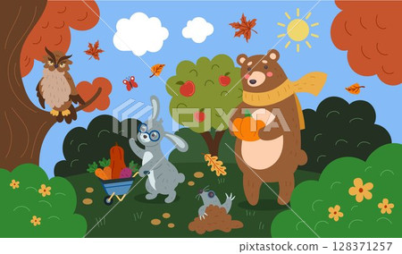 Cute autumn background. Animals with fall harvest. Cozy nature. Cartoon landscape. Bear with pumpkin. Rabbit carrying vegetables. Owl on tree branch. Happy kid characters. Vector season tidy holiday Cute autumn background. Animals with fall harvest. Cozy nature. Cartoon landscape. Bear with pumpkin. Rabbit carrying vegetables. Owl on tree branch. Happy kid characters. Vector season tidy holiday 128371257