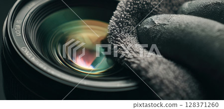 Close-Up POV of Polishing Camera Lens with Microfiber Cloth 128371260