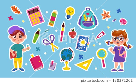 Back to school stickers. Character schoolboy. Cute notebook planner and pencils. Girl with backpack. Icon cartoon stationery. Doodle education. Primary student reading book. Vector tidy symbols set Back to school stickers. Character schoolboy. Cute notebook planner and pencils. Girl with backpack. Icon cartoon stationery. Doodle education. Primary student reading book. Vector tidy symbols set 128371261
