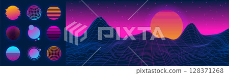 Wave mountain. Retro neon sun. Wireframe terrain. Glitch grid. Sunset horizon. 80s digital landscape. Sci-fi night design. Mesh space moon. Planet surface. Vector futuristic garish scenery background Wave mountain. Retro neon sun. Wireframe terrain. Glitch grid. Sunset horizon. 80s digital landscape. Sci-fi night design. Mesh space moon. Planet surface. Vector futuristic garish scenery background 128371268